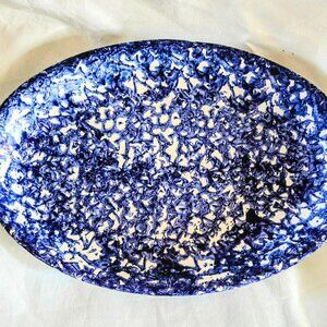 Vintage Italian Ceramic Spongeware Serving Platter, Cobalt Blue and White